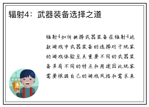 辐射4：武器装备选择之道